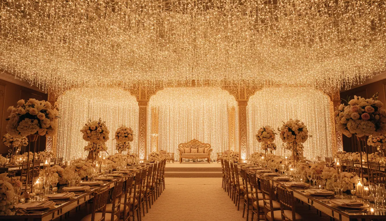 Wedding fairy light canopy inside Toronto venue